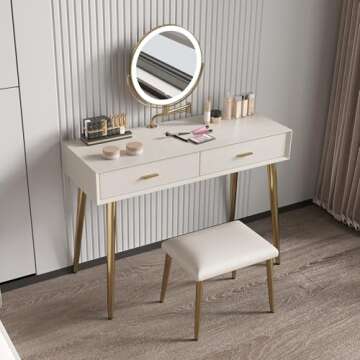 HIMAmonkey Vanity Desk Set with 360° Rotating Mirror and Lights, Small Makeup Vanity with Microfibe...