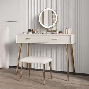 HIMAmonkey Vanity Desk Set with 360° Rotating Mirror and Lights, Small Makeup Vanity with Microfiber Leather, Vanity Table with 2 Drawers, Stool, 3 Lighting Modes - 31.5in Beige