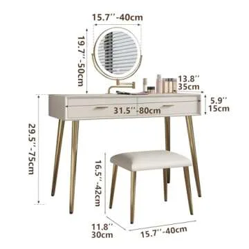 HIMAmonkey Vanity Desk Set with 360° Rotating Mirror and Lights, Small Makeup Vanity with Microfiber Leather, Vanity Table with 2 Drawers, Stool, 3 Lighting Modes - 31.5in Beige