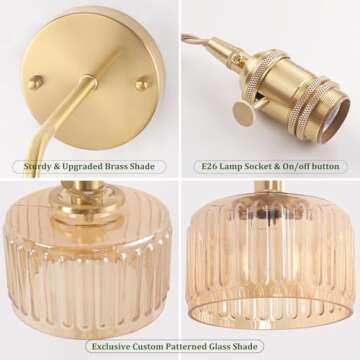 Shenmoyl Vintage Wall Sconce Wall Lamp with Amber Striped Shade Pattern Glass Adjustable Chain Retro Gold Wall Mounted Light, Modern Wall Lamp Fixtures Decor for Bedside Bedroom Indoor Doorway
