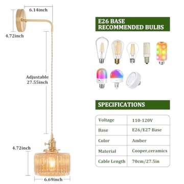 Shenmoyl Vintage Wall Sconce Wall Lamp with Amber Striped Shade Pattern Glass Adjustable Chain Retro Gold Wall Mounted Light, Modern Wall Lamp Fixtures Decor for Bedside Bedroom Indoor Doorway