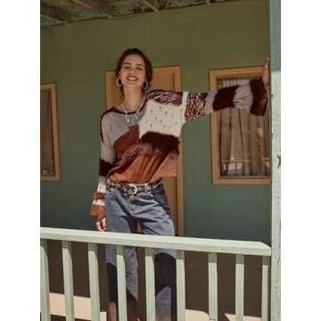 CIDER Women‘s Wool Color Block Sweater Knitted Boat Neck Bell Sleeve Pullover Sweatshirt Tops: Multicolor, M