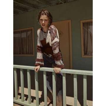 CIDER Women‘s Wool Color Block Sweater Knitted Boat Neck Bell Sleeve Pullover Sweatshirt Tops: Multicolor, M