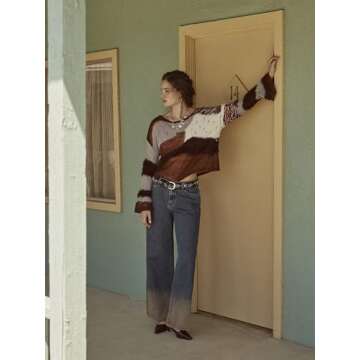 CIDER Women‘s Wool Color Block Sweater Knitted Boat Neck Bell Sleeve Pullover Sweatshirt Tops: Multicolor, M