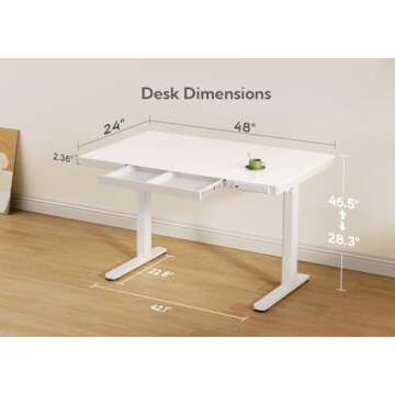 Claiks Glass Standing Desk with Drawers, 48×24 Inch Adjustable Stand Up Desk, Quick Install Home Office Computer Desk with USB Ports, White