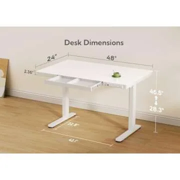 Claiks Glass Standing Desk with Drawers, 48×24 Inch Adjustable Stand Up Desk, Quick Install Home Office Computer Desk with USB Ports, White