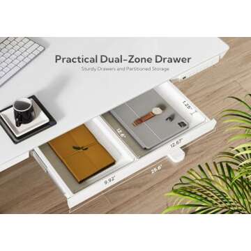 Claiks Glass Standing Desk with Drawers, 48×24 Inch Adjustable Stand Up Desk, Quick Install Home Office Computer Desk with USB Ports, White