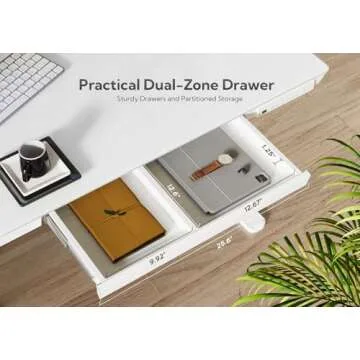 Claiks Glass Standing Desk with Drawers, 48×24 Inch Adjustable Stand Up Desk, Quick Install Home Office Computer Desk with USB Ports, White