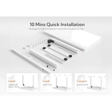 Claiks Glass Standing Desk with Drawers, 48×24 Inch Adjustable Stand Up Desk, Quick Install Home Office Computer Desk with USB Ports, White