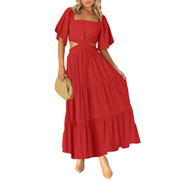 LEANI Women's Summer Dresses Square Neck Short Sleeves Crossover Waist Casual Party Maxi Dress Red