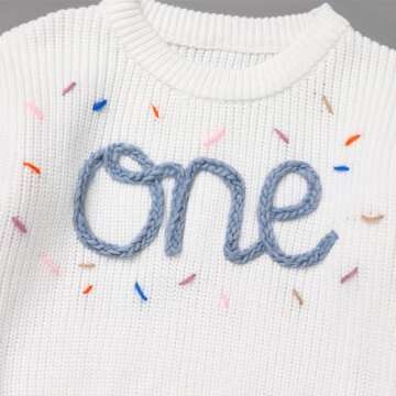 Newborn Baby Girls Boys Sweaters: Fall Winter Outfit Embroidery Knitted Pullover Sweatshirts 1st Birthday Party First Christmas Outwear Photo Shoot Cake Smash Clothes Blue+White 1 Year