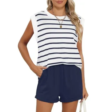 RUBZOOF Lounge Sets for Women Summer Casual Loungewear Two Piece Outfits Short Sets Striped Cap Slee...