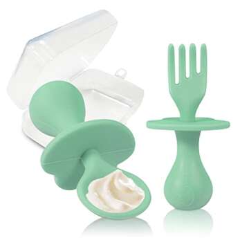 Infant Self Baby Spoon Fork Silicone Self Feeding Utensil Set Baby First Training Weaning for 6+ Month Baby Toddler BPA Free (Midnight Green)
