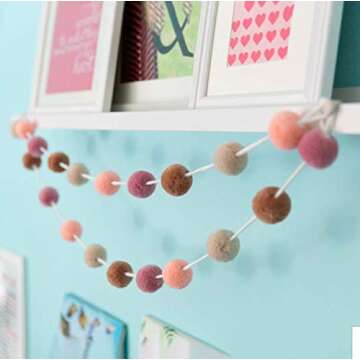 Pink Pom Pom Garland | Felt Ball Garland for Nursery, Baby Shower, Birthday and Valentine's Day | Boho Bedroom Decor for Girls | Blush Pink, Mauve and Mustard Gold