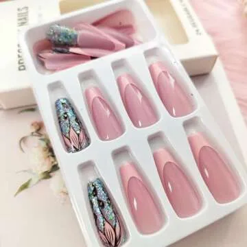 Coffin Press on Nails Medium Dark Pink French Tip Fake Nails Press ons, Full Cover Flase Nails with Glitter Flower Designs Artificial Long Acrylic Glue on Nails for Women 24 Pcs