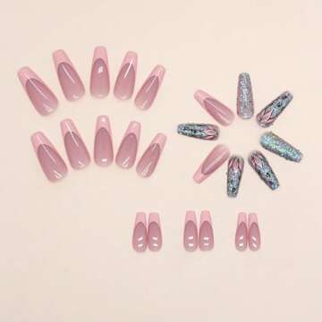 Coffin Press on Nails Medium Dark Pink French Tip Fake Nails Press ons, Full Cover Flase Nails with Glitter Flower Designs Artificial Long Acrylic Glue on Nails for Women 24 Pcs