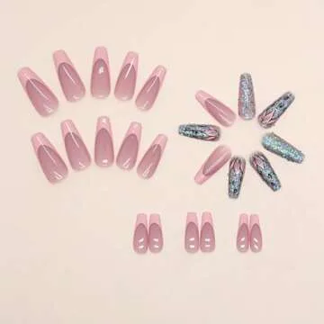 Coffin Press on Nails Medium Dark Pink French Tip Fake Nails Press ons, Full Cover Flase Nails with Glitter Flower Designs Artificial Long Acrylic Glue on Nails for Women 24 Pcs