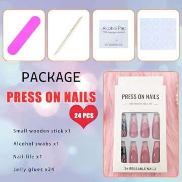 Coffin Press on Nails Medium Dark Pink French Tip Fake Nails Press ons, Full Cover Flase Nails with Glitter Flower Designs Artificial Long Acrylic Glue on Nails for Women 24 Pcs