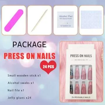 Coffin Press on Nails Medium Dark Pink French Tip Fake Nails Press ons, Full Cover Flase Nails with Glitter Flower Designs Artificial Long Acrylic Glue on Nails for Women 24 Pcs