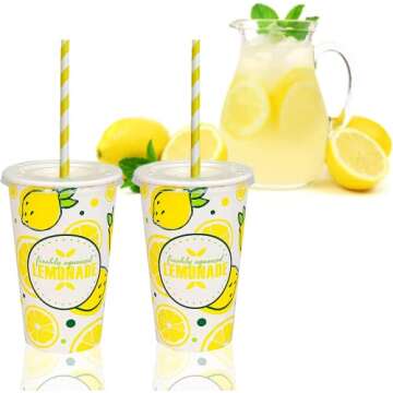 150 Pieces / 50 Sets 20 Oz Lemonade Cups with Lids and Paper Straws - Set of 50 - Lemonade Stand Supplies For Kids and Adults