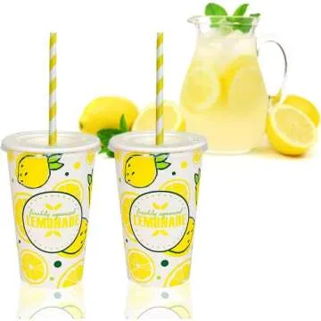 150 Pieces / 50 Sets 20 Oz Lemonade Cups with Lids and Paper Straws - Set of 50 - Lemonade Stand Supplies For Kids and Adults