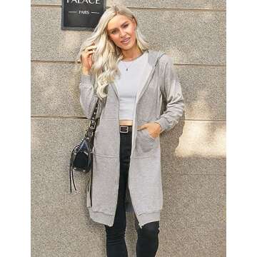 ELESOL Women's Casual Long Fleece Hoodies Sweatshirt Coat Pockets Zip up Outerwear Hooded Jacket Tops, Gray Large