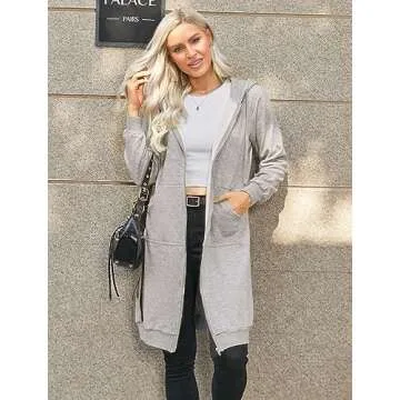 ELESOL Women's Casual Long Fleece Hoodies Sweatshirt Coat Pockets Zip up Outerwear Hooded Jacket Tops, Gray Large