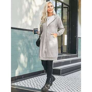 ELESOL Women's Casual Long Fleece Hoodies Sweatshirt Coat Pockets Zip up Outerwear Hooded Jacket Tops, Gray Large