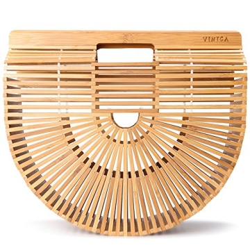Vintga Bamboo Bags for Women Summer Straw Wooden Beach Purses Basket Handle Handbags (Small)
