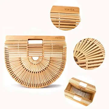 Vintga Bamboo Bags for Women Summer Straw Wooden Beach Purses Basket Handle Handbags (Small)