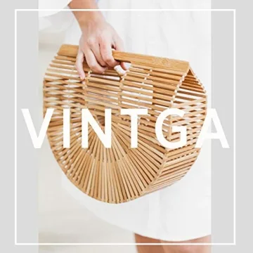 Vintga Bamboo Bags for Women Summer Straw Wooden Beach Purses Basket Handle Handbags (Small)