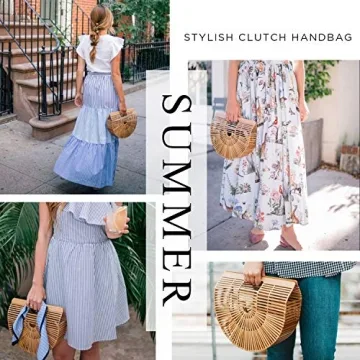 Vintga Bamboo Bags for Women Summer Straw Wooden Beach Purses Basket Handle Handbags (Small)