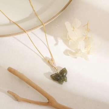 LOOYUUPEE Natural Hetian Jade Necklace for Women, Butterfly Pendant Necklace Simple Fresh Necklace Choker Pendant Handmade Jewelry (S925 Sterling Silver Gold Plated)