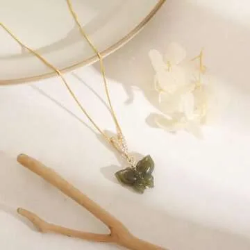 LOOYUUPEE Natural Jade Butterfly Pendant Necklace for Women