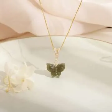 LOOYUUPEE Natural Jade Butterfly Pendant Necklace for Women