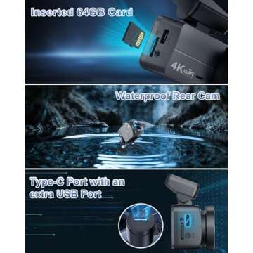 4K Dash Cam Front and Rear, WiFi Dash Cam with 64GB Card, 4K+1080P Dash Camera for Cars, WiFi Car Camera with App Control, 1.47" Screen DashCam with 24H Parking Monitor,G-Sensor