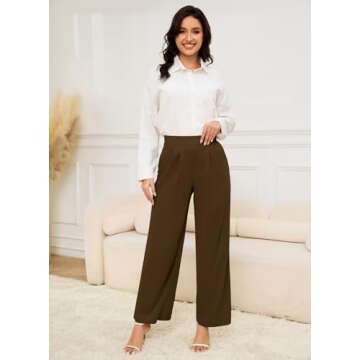 HVT Wide Leg Pants for Women High Elastic Waisted Work Pants Business Palazzo Trousers with Pockets Brown