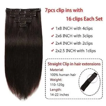Clip in Hair Extensions Real Human Hair Straight 16 Inch 7pcs 120g Clip ins Hair Extensions Brazilian Remy Human Hair 16 Clips Double Weft Human Hair For Women (16 Inch, 1B Natural Black)