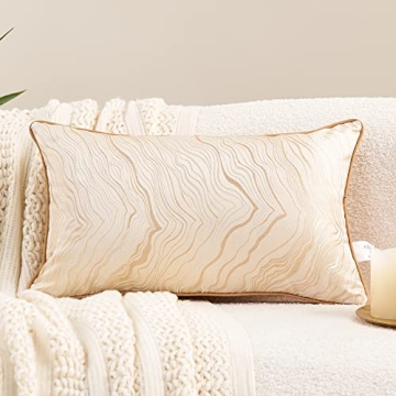 Avigers 12 x 20 Inch Rectangle Beige Gold Abstract Striped Embroidery Cushion Case Luxury Modern Thr...