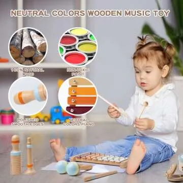 Baby Musical Instruments, Montessori Wooden Toys for Toddlers 1-3, Neutral Colors Percussion Instruments, Modern Boho Xylophone for Kids, Preschool Educational Baby Musical Toys