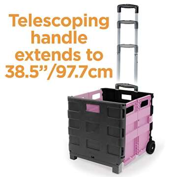 Inspired Living Ultra-Slim Rolling Collapsible Storage Pack-N-Roll Utility-carts, with Telescopic Handle, for Home, Garden, Shopping, Office, School use, Large, Pink & Black