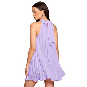 SweatyRocks Women's Sleeveless Tie Back Halter Dress Mini Swing Pleated A-line Skater Dress Lilac Pu...