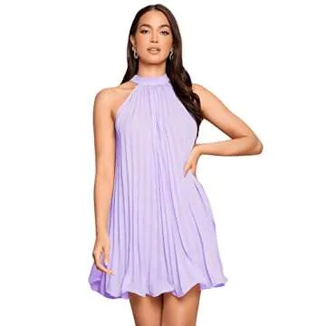 SweatyRocks Women's Sleeveless Tie Back Halter Dress Mini Swing Pleated A-line Skater Dress Lilac Purple S