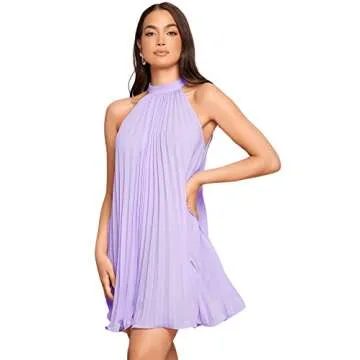 SweatyRocks Women's Sleeveless Tie Back Halter Dress Mini Swing Pleated A-line Skater Dress Lilac Purple S