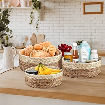 Round Rattan Baskets Set for Organizing Wicker Storage Basket for Fruit, Bread Serving Decorative Gift Baskets Empty, Countertop Baskets for Pantry and Bathroom