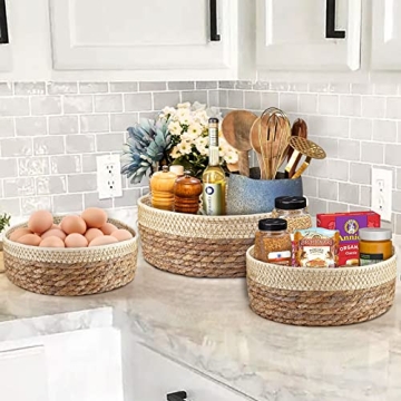 Round Rattan Baskets Set for Organizing Wicker Storage Basket for Fruit, Bread Serving Decorative Gift Baskets Empty, Countertop Baskets for Pantry and Bathroom