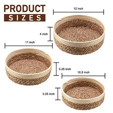Round Rattan Baskets Set for Organizing Wicker Storage Basket for Fruit, Bread Serving Decorative Gift Baskets Empty, Countertop Baskets for Pantry and Bathroom