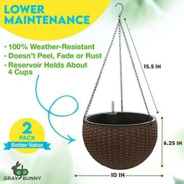 Gray Bunny 10” Self-Watering Hanging Planter Basket System 2pk, Water Reservoir, Fill Indicator and Chain Hook – Rattan Style Brown Resin for Home, Garden, Porch, Balcony or Indoor Tabletop
