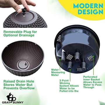 Gray Bunny 10” Self-Watering Hanging Planter Basket System 2pk, Water Reservoir, Fill Indicator and Chain Hook – Rattan Style Brown Resin for Home, Garden, Porch, Balcony or Indoor Tabletop