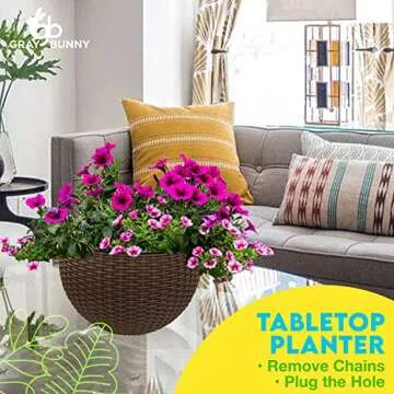 Gray Bunny 10” Self-Watering Hanging Planter Basket System 2pk, Water Reservoir, Fill Indicator and Chain Hook – Rattan Style Brown Resin for Home, Garden, Porch, Balcony or Indoor Tabletop